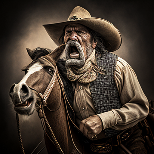 Angry Mexican cowboy with shotgun, pistol on horseback.