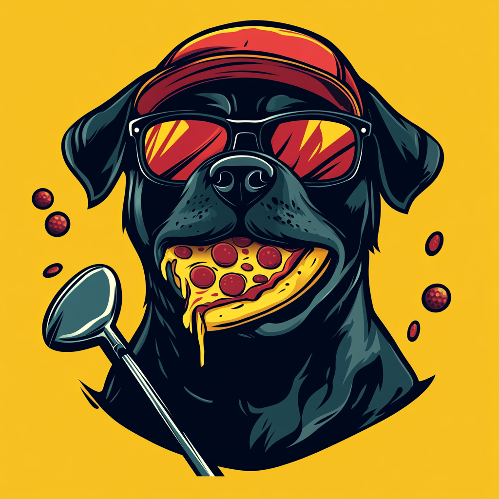 Angry black Labrador Retriever playing golf eats pizza.