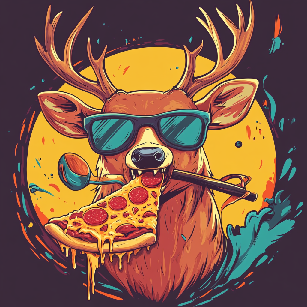 Angry deer eating pizza with broken golf club.