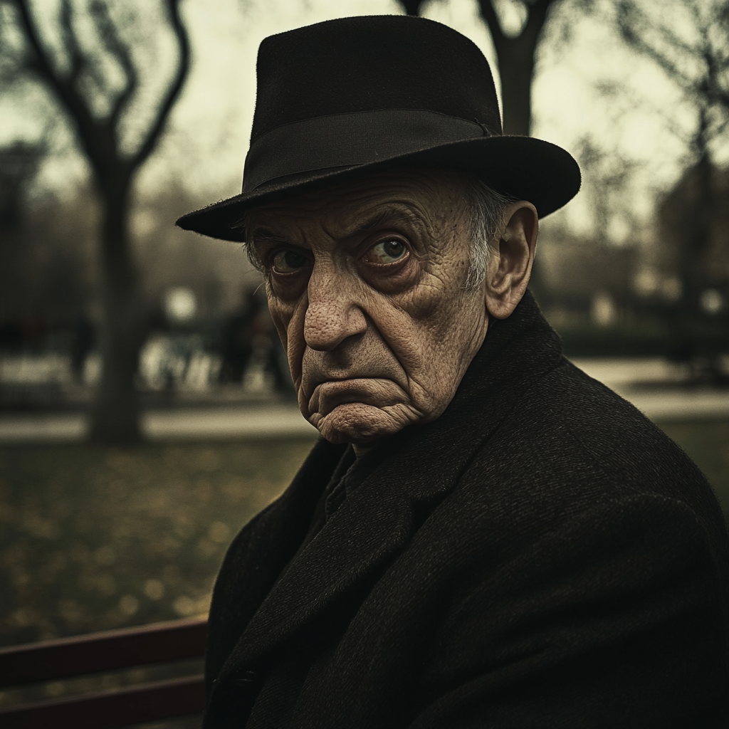 Angry elderly man waiting in park bench rendezvous.