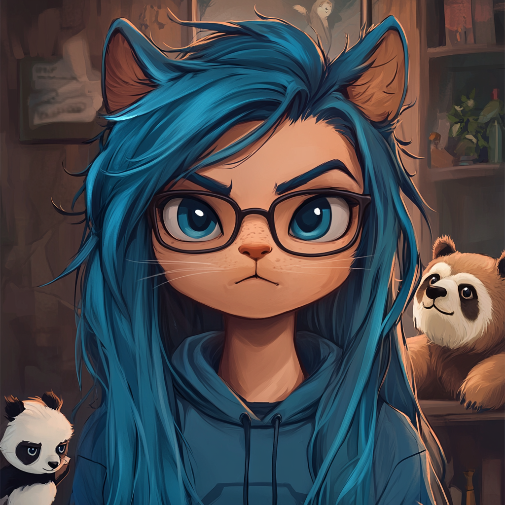 Angry female cat with blue long hair, wears glasses.