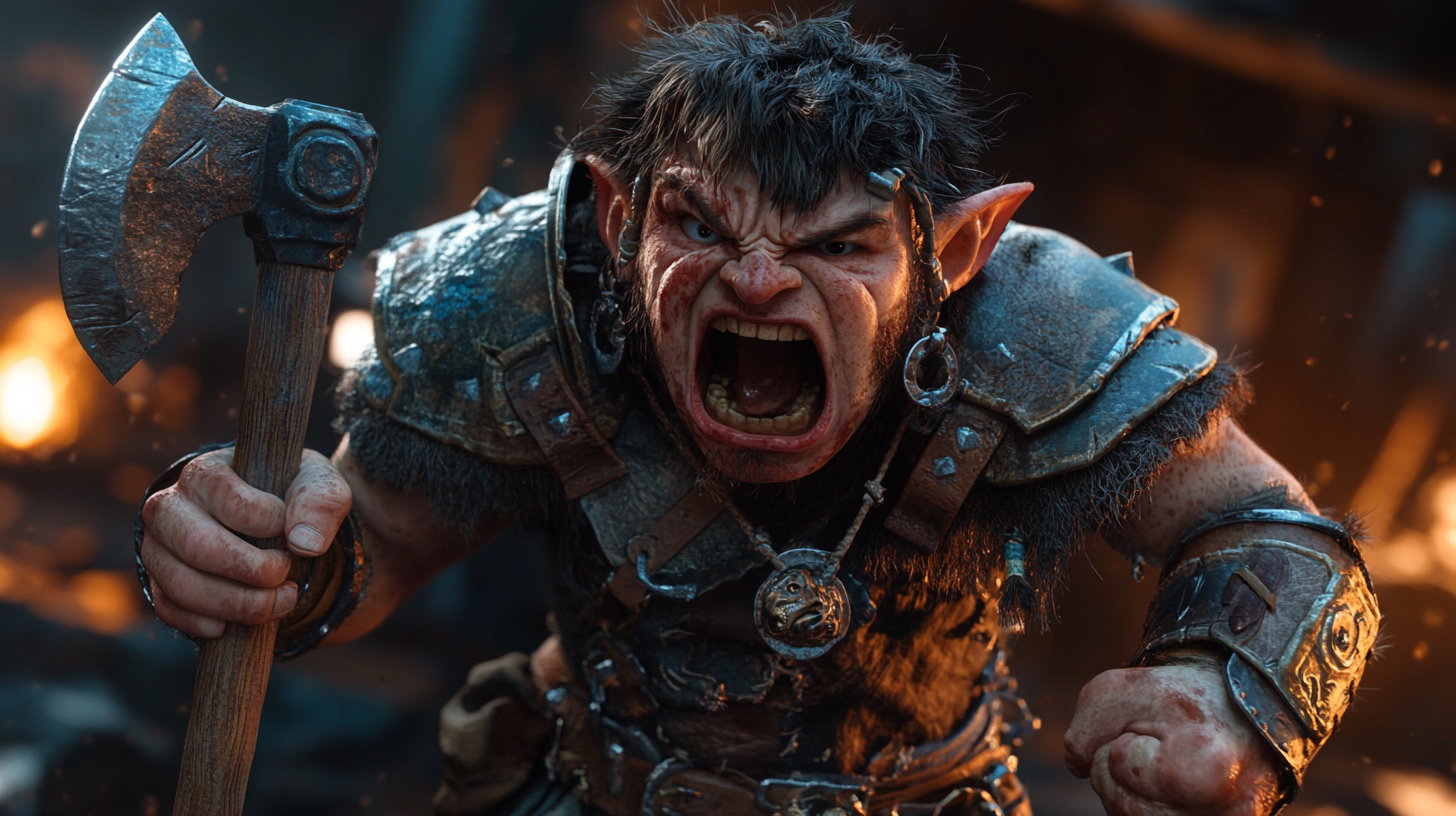 Angry halfling barbarian in battle, wielding axe, 4k.