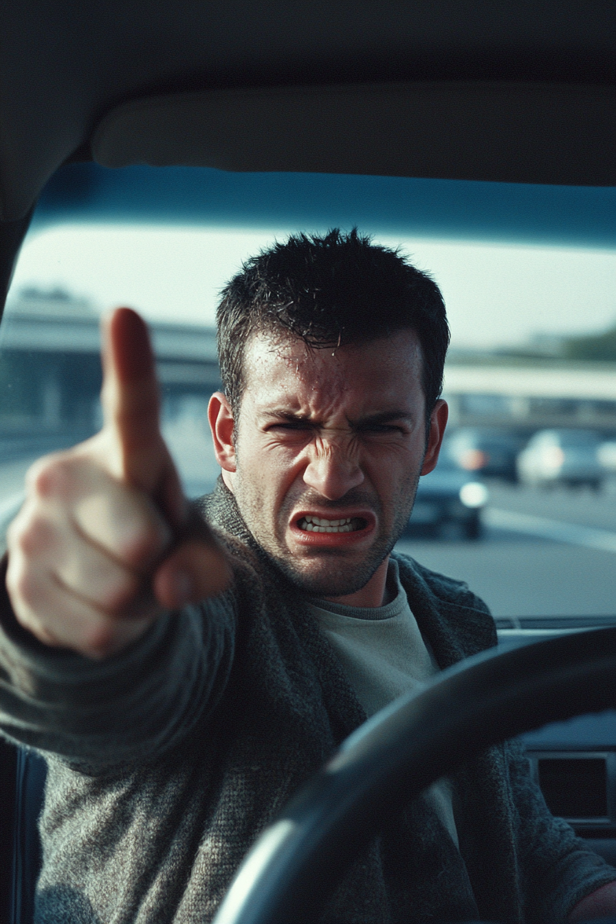 Angry man in road rage on highway.