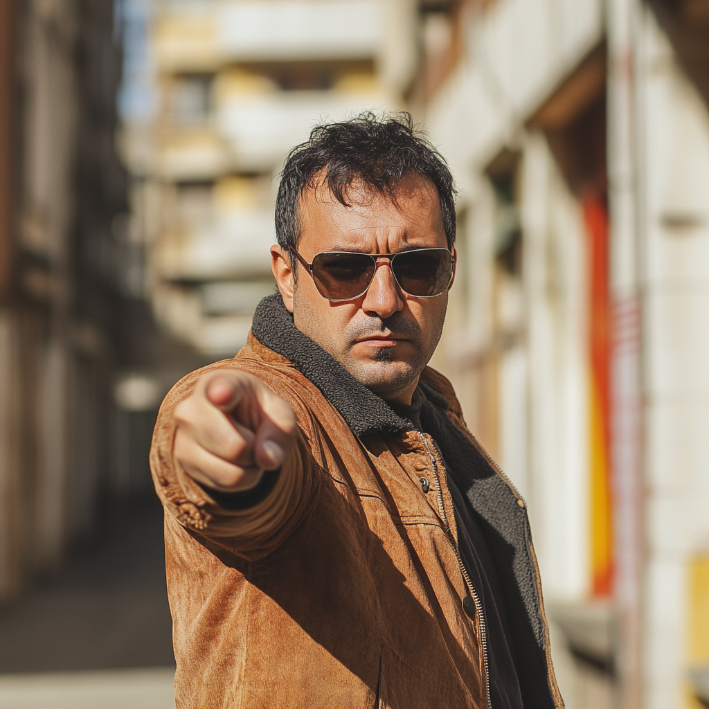 Angry man pointing finger, 1990s style, 30mm lens, 16:9