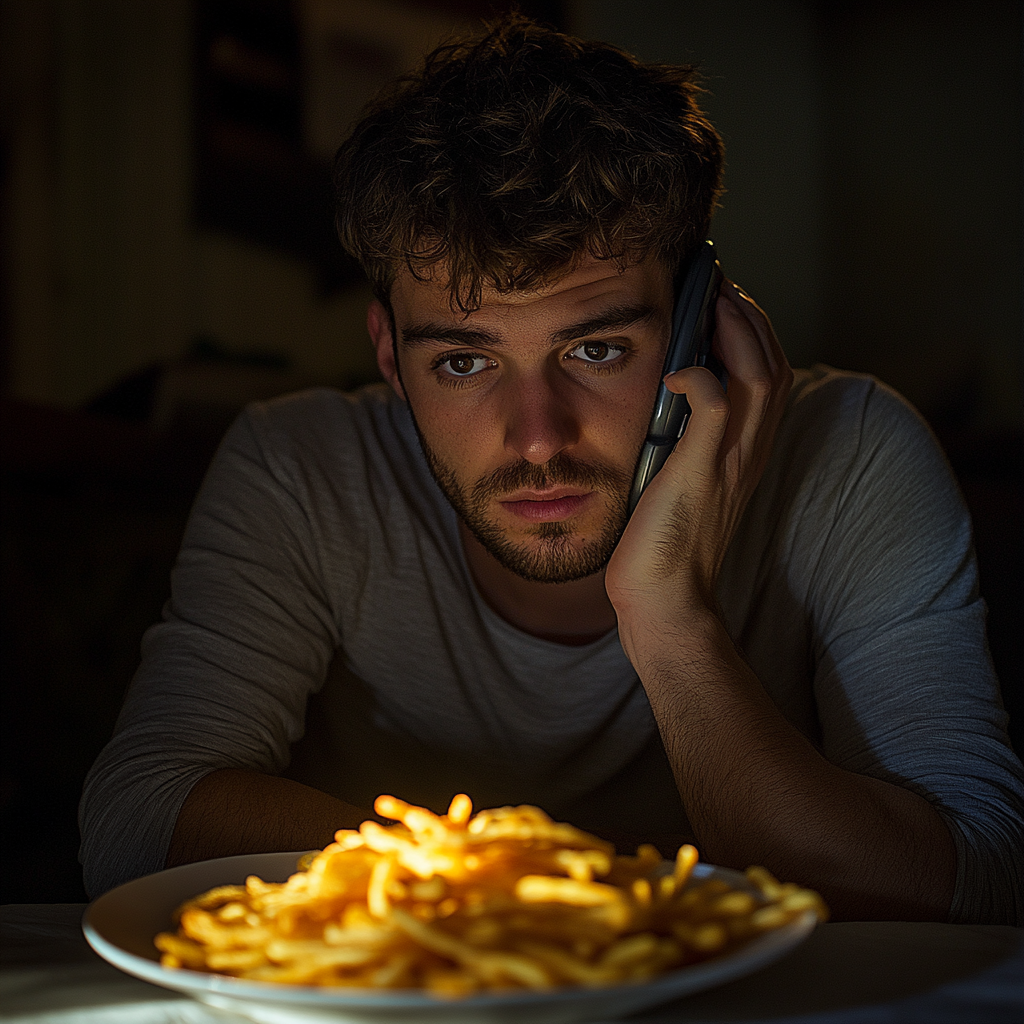 Angry man talking on phone about cold fries