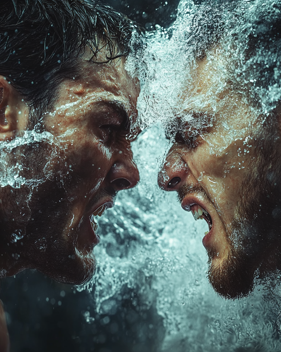 Angry people fighting punches high contrast close-up photorealistic.