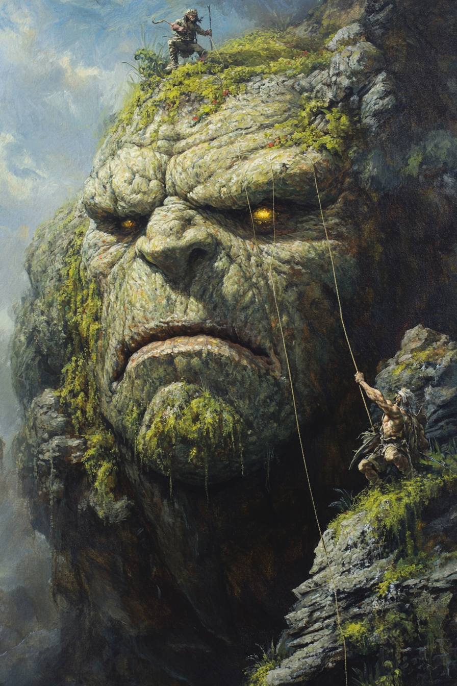 Angry rock giant covered in moss fighting warriors bravely.