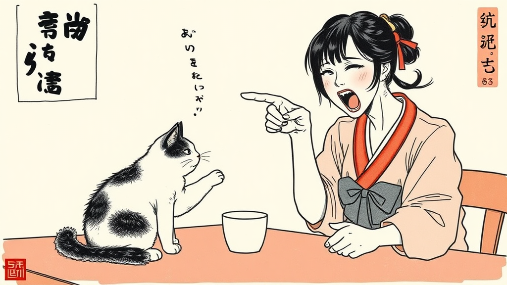 Angry woman scolds cat in traditional Japanese art.