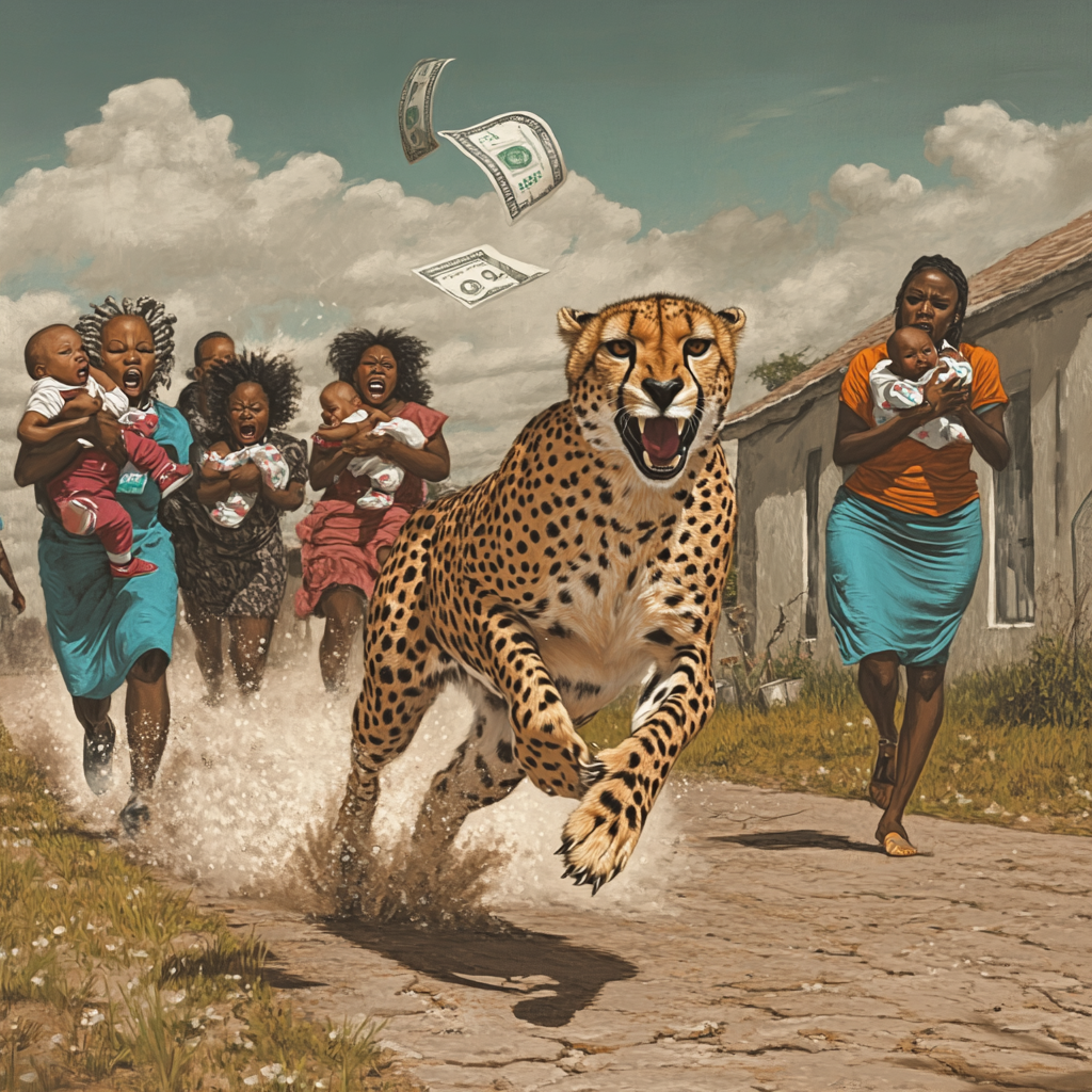 Angry women chase cheetah in urban hood scene