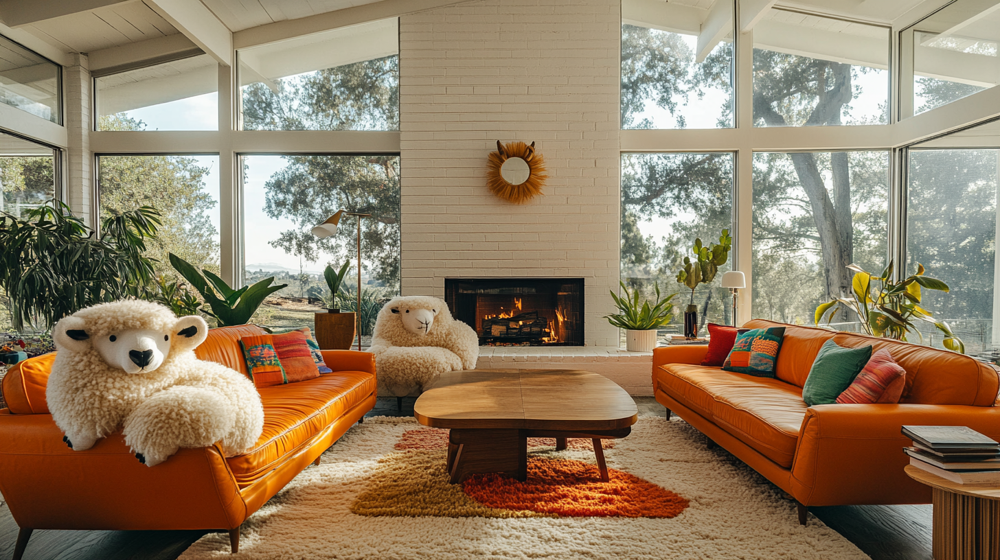 Animal-inspired living room with sheep-shaped sofa, orange leather couches.