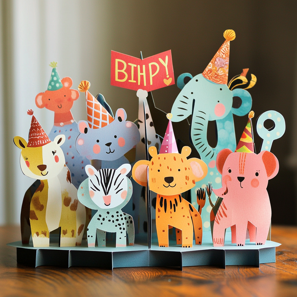 Animal party scene with party hats, horns, birthday signs.