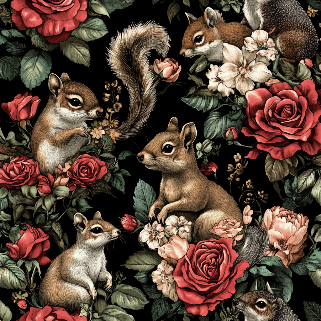 Animals Emerging from Floral Bouquets Pattern