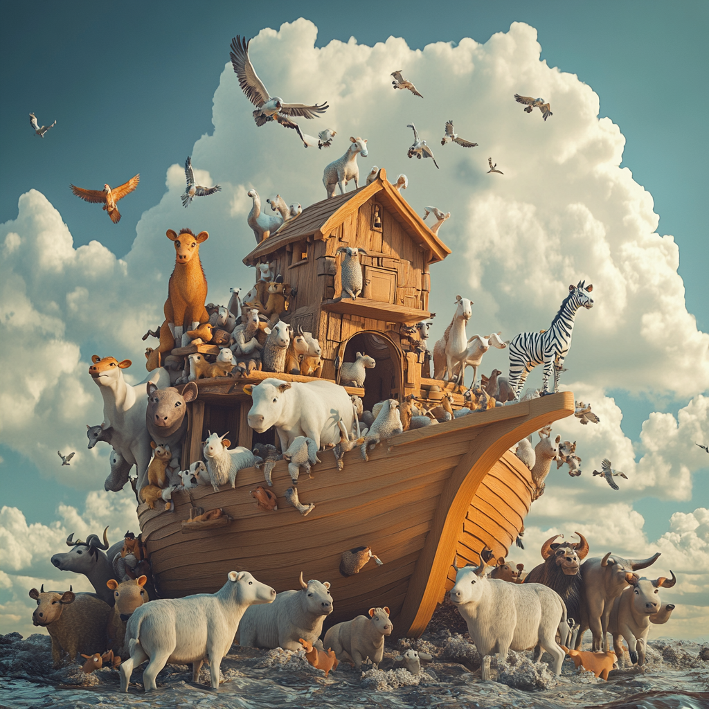 Animals boarding Noah's ark on land