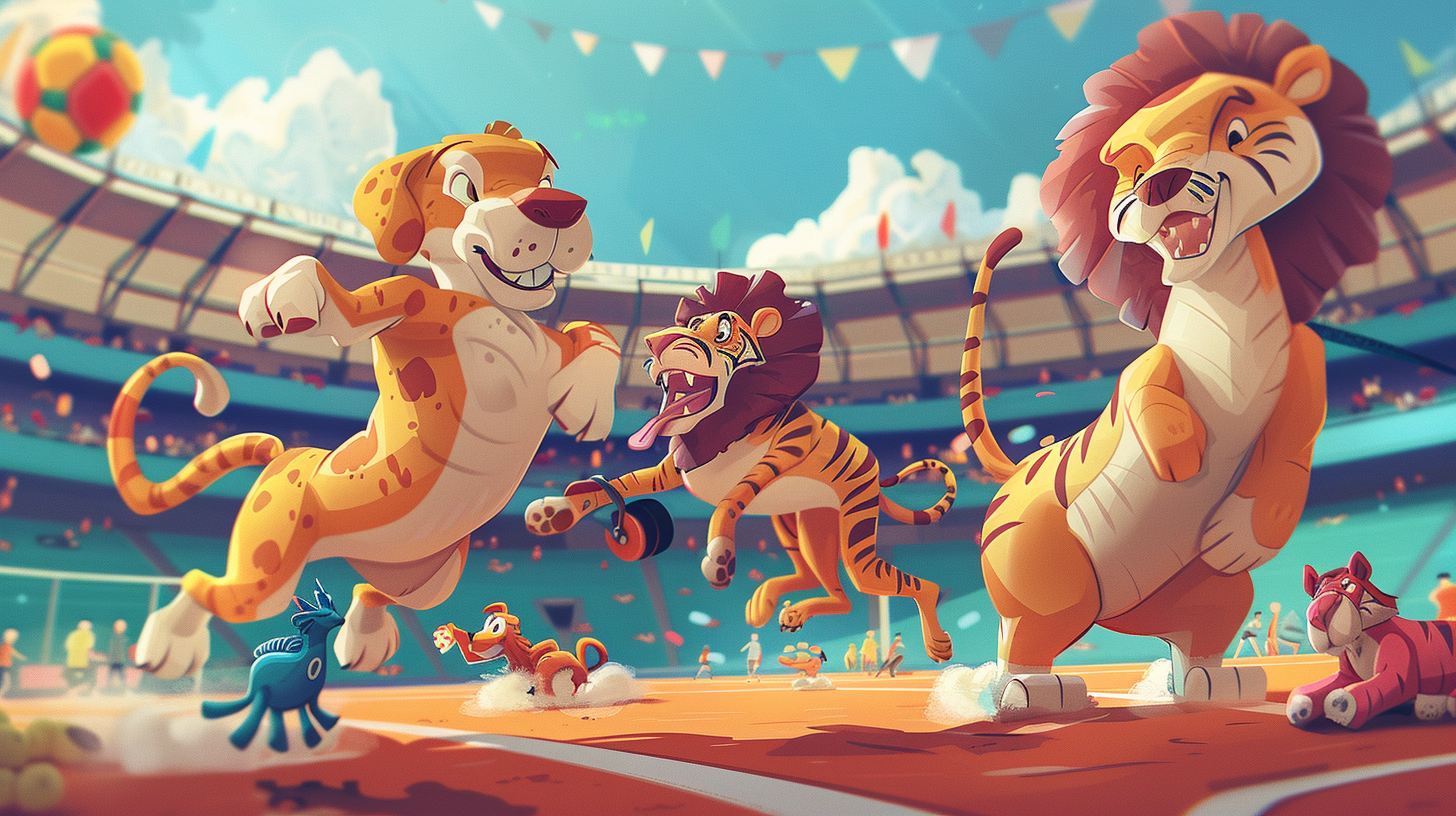 Animals exercising together in colorful stadium.