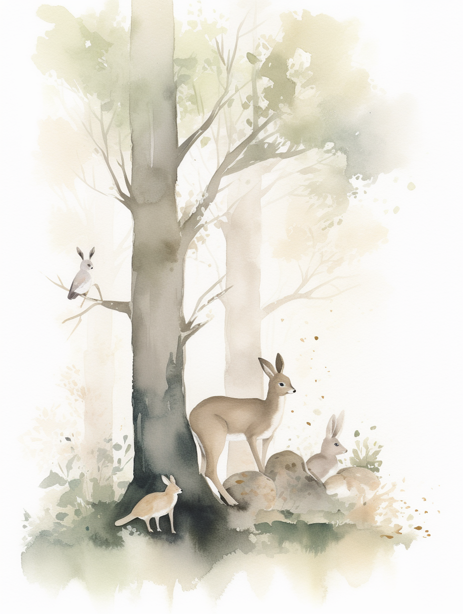 Animals in Forest: Watercolor Painting