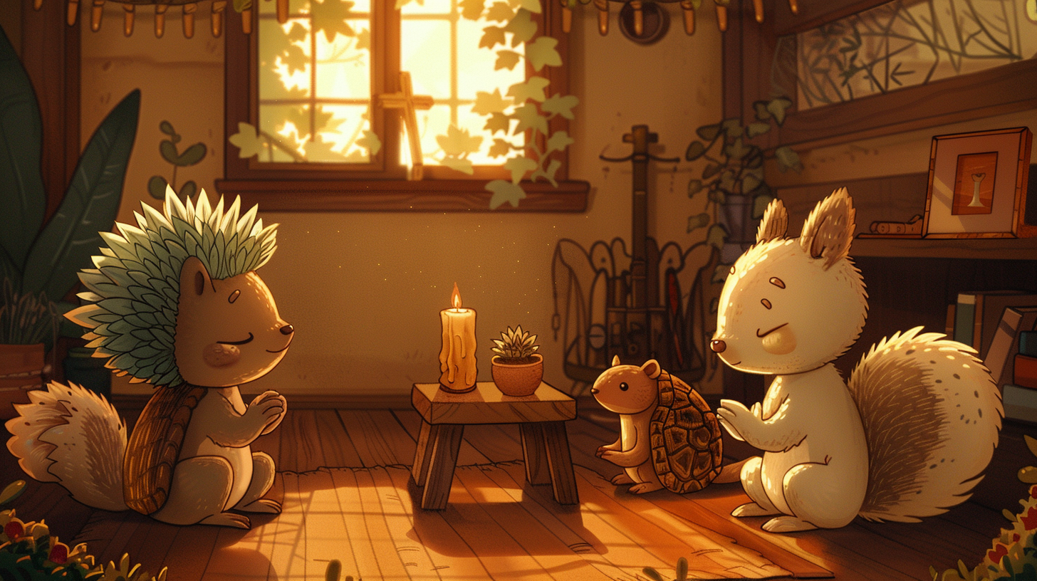 Animals praying to Jesus in cozy home scene.