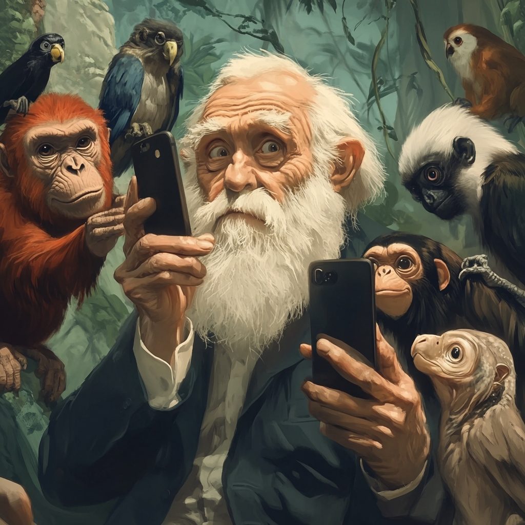 Animals taking silly selfie with puzzled Darwin watching.