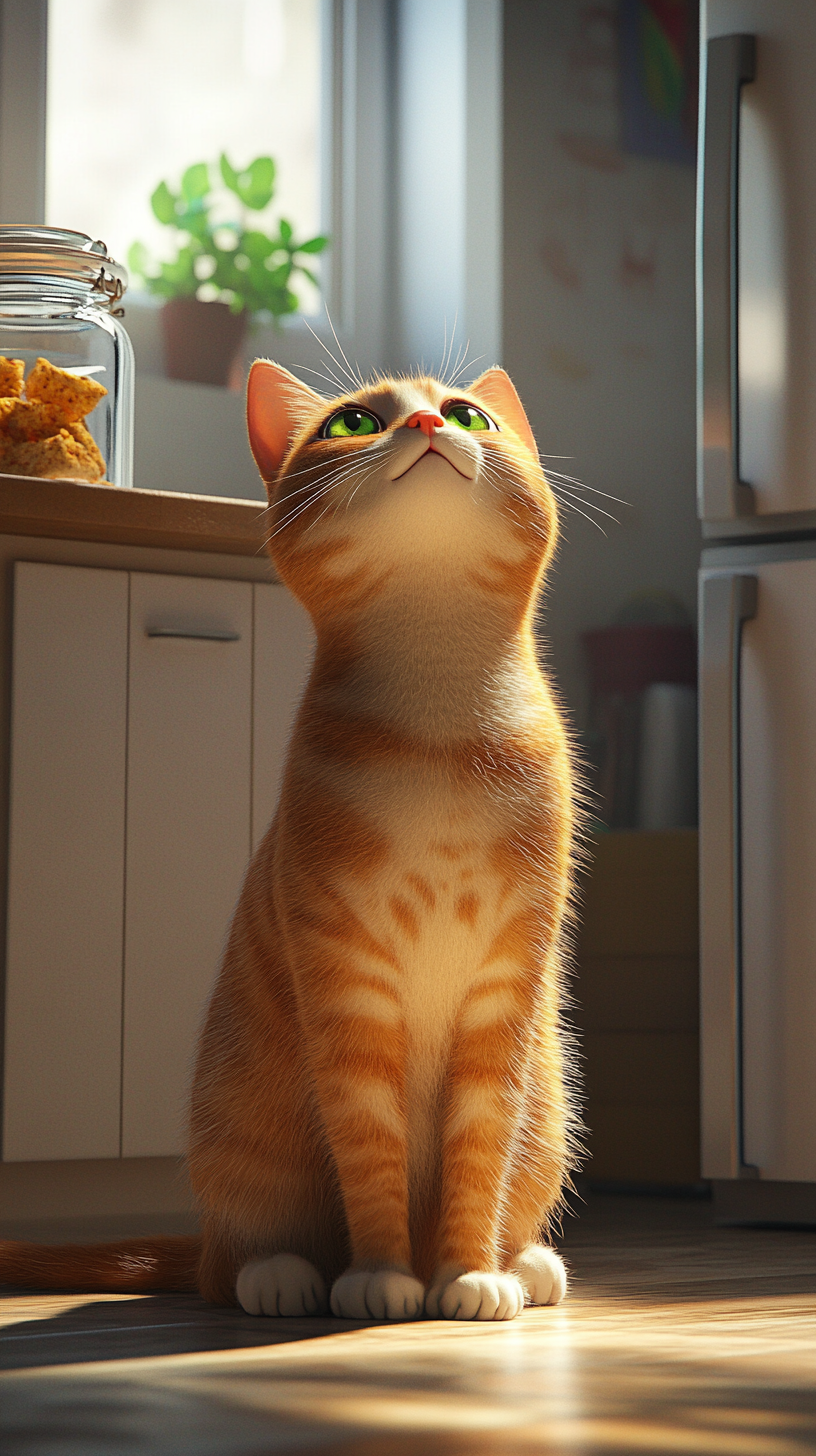 Animated Cat Longing for Treat in Kitchen