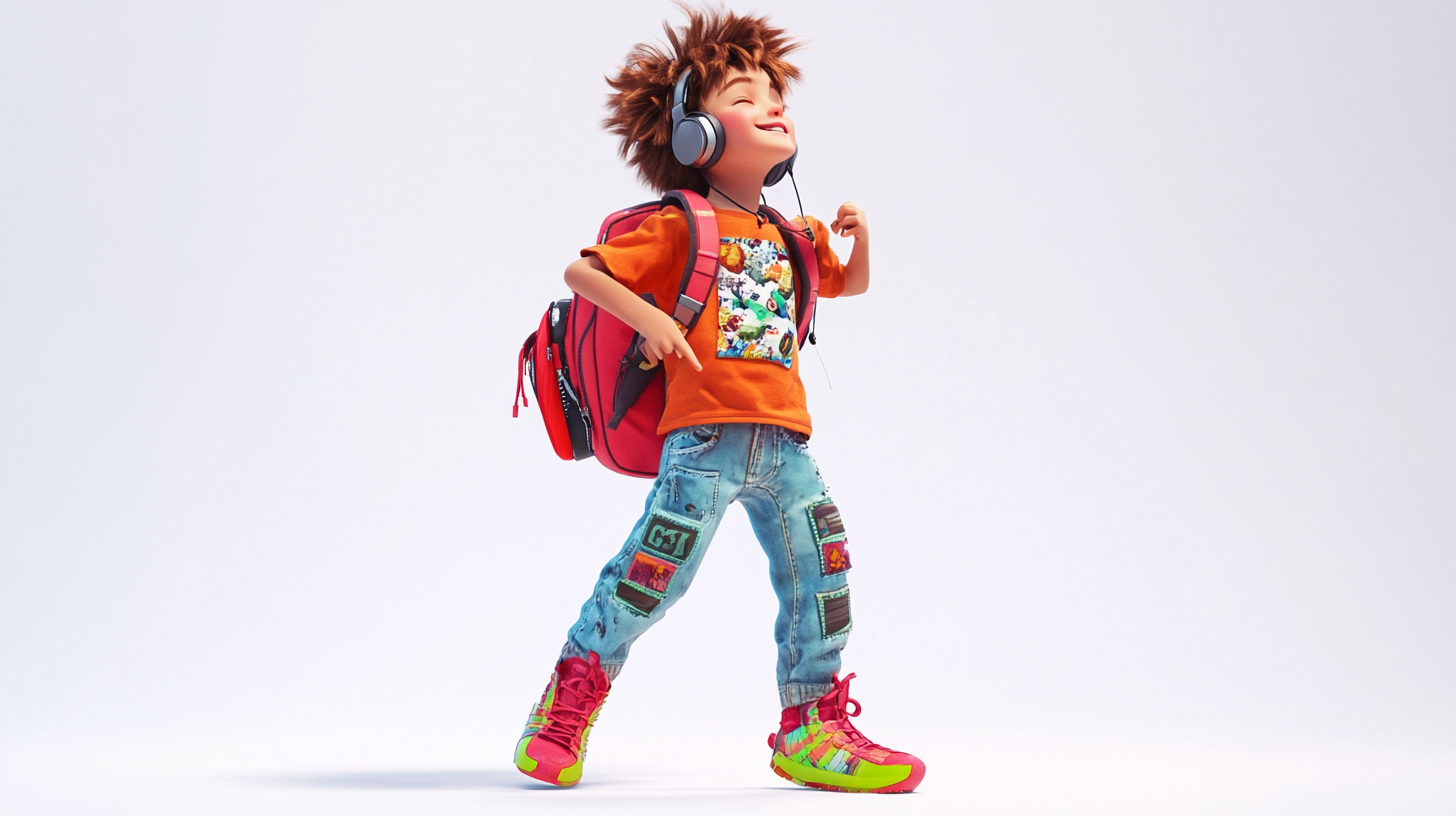 Animated Kazakh Boy with Fashionable Outfit and Gadgets