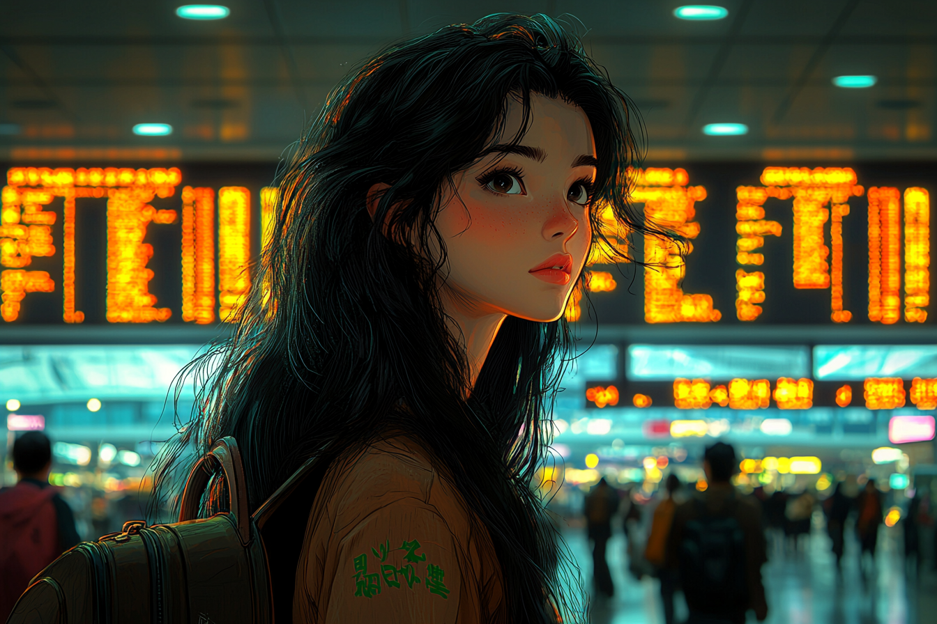 Animated anime scene at busy airport with woman.