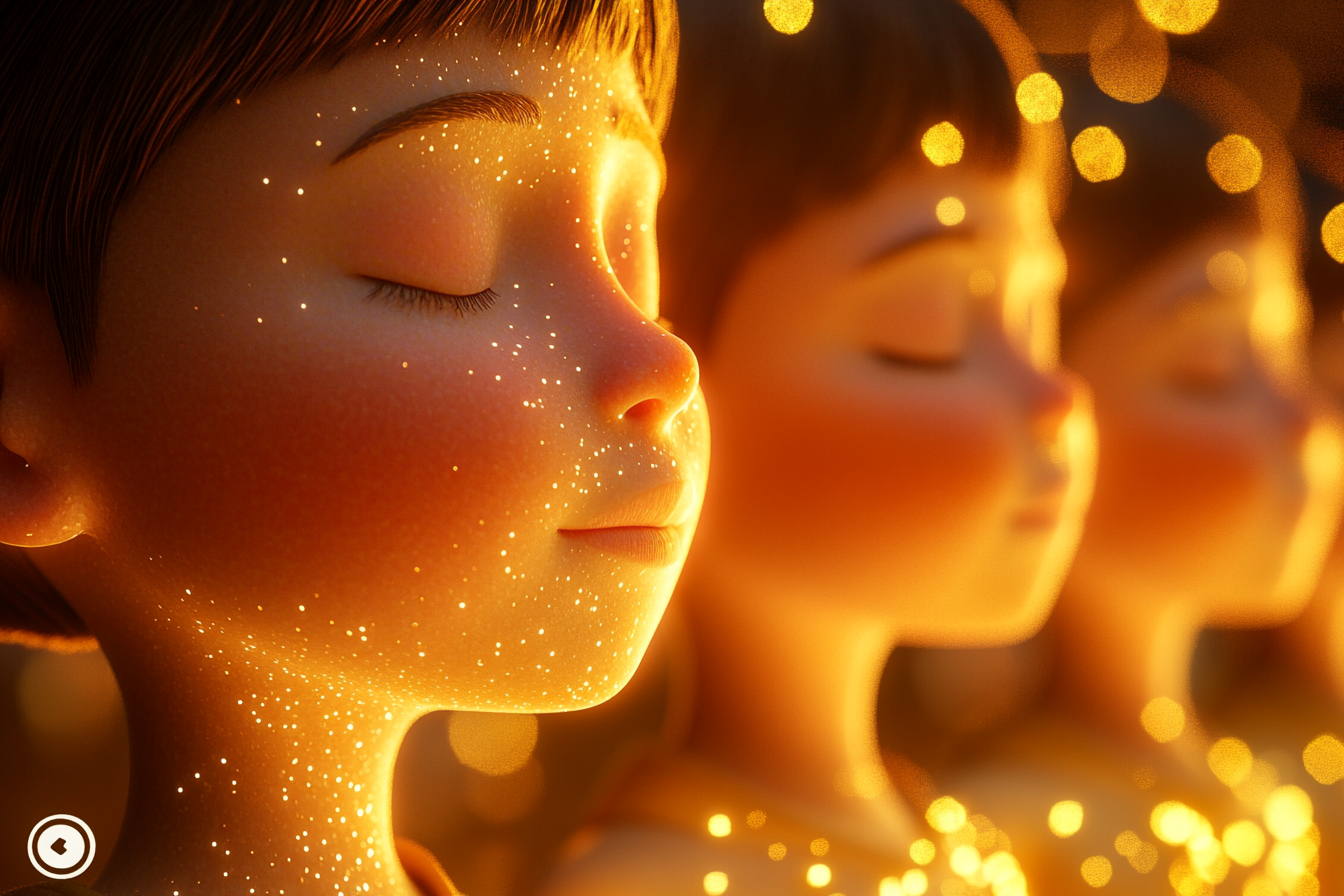 Animation of children with closed eyes glowing golden light