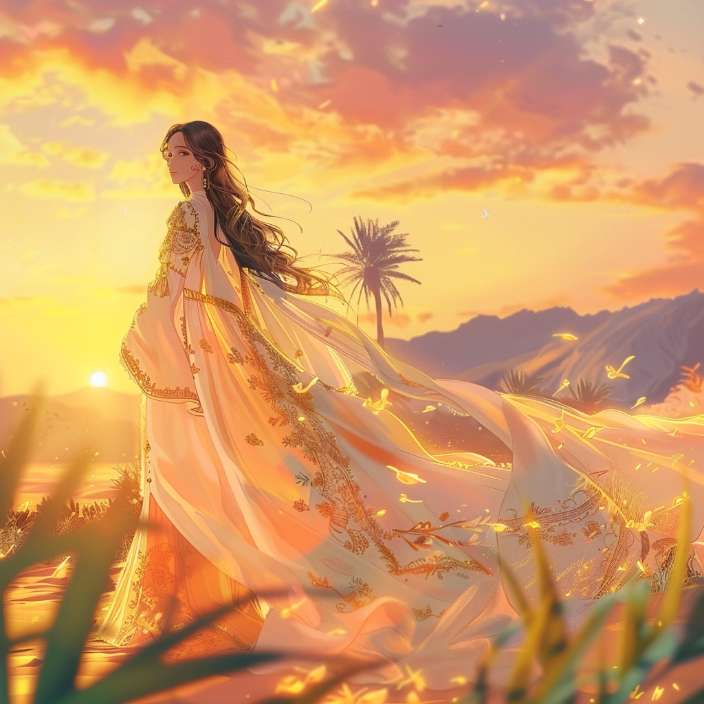 Anime Moroccan wedding dress illustration with soft lighting.