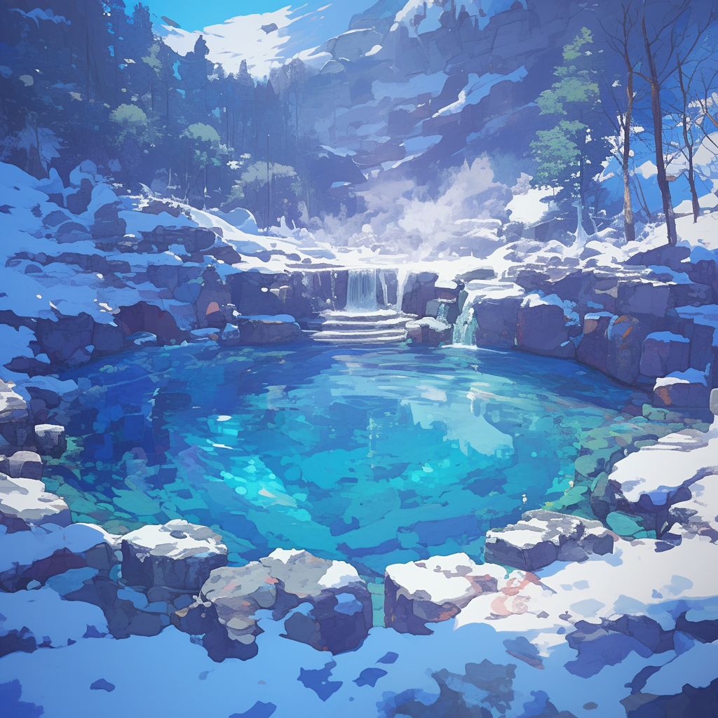 Anime Snowmelt Springs Illustration: Tranquil Winter Oasis