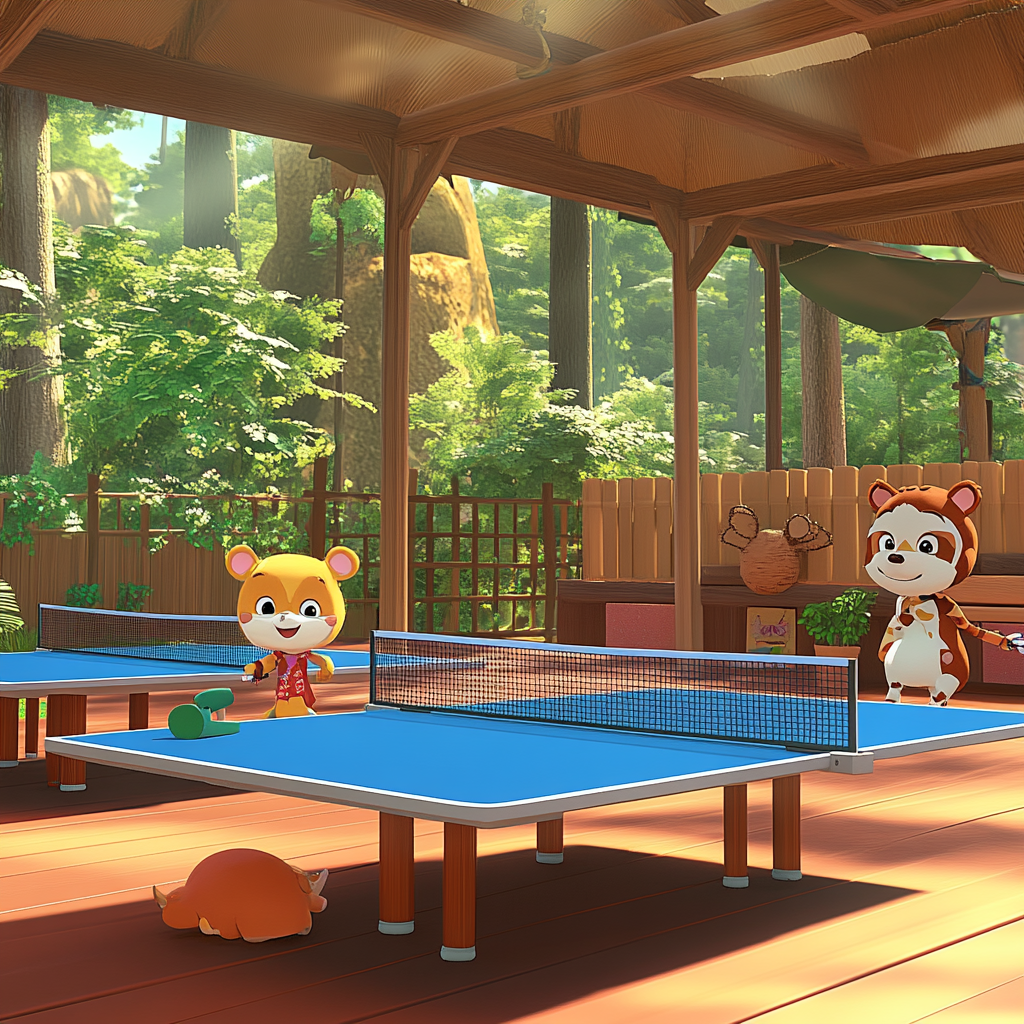 Anime animals playing table tennis in happy kingdom.