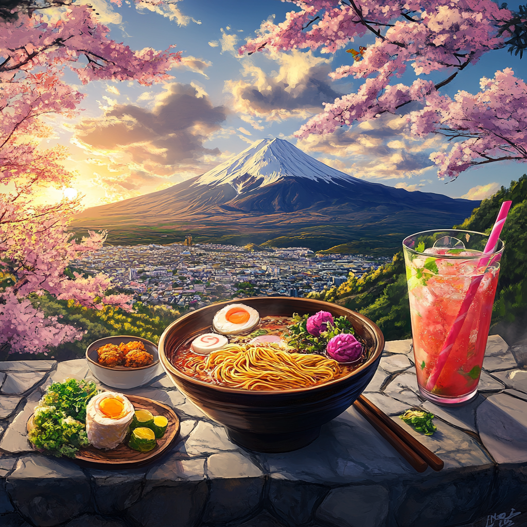 Anime art style of ramen, appetizers, drink, scenery.