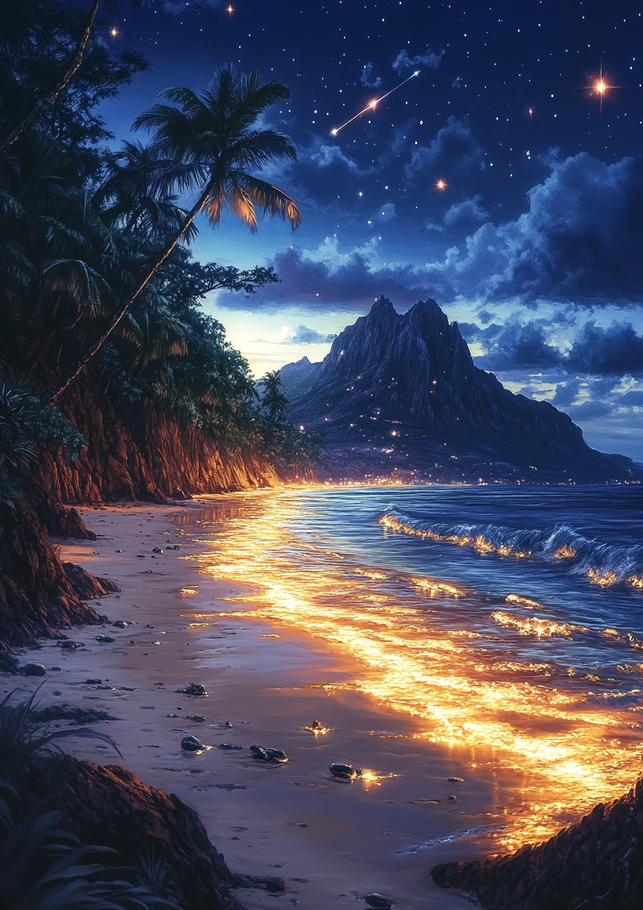 Anime beach scene with mountains, meteors and coconut trees.