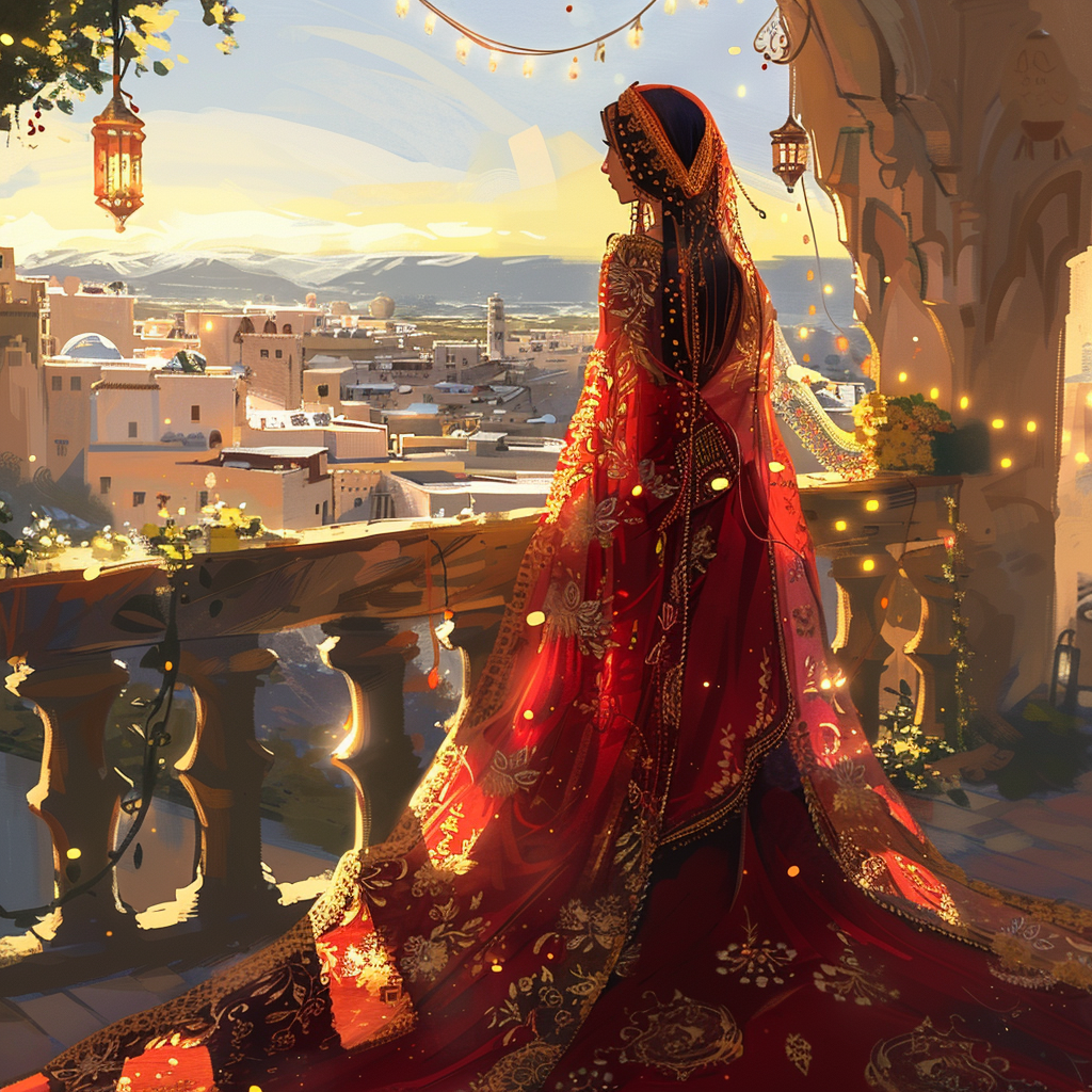 Anime bride in Moroccan dress on balcony. Serene village.