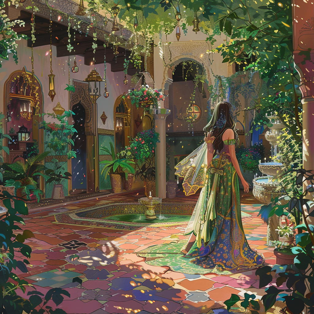 Anime bride in Moroccan wedding dress in magical courtyard.