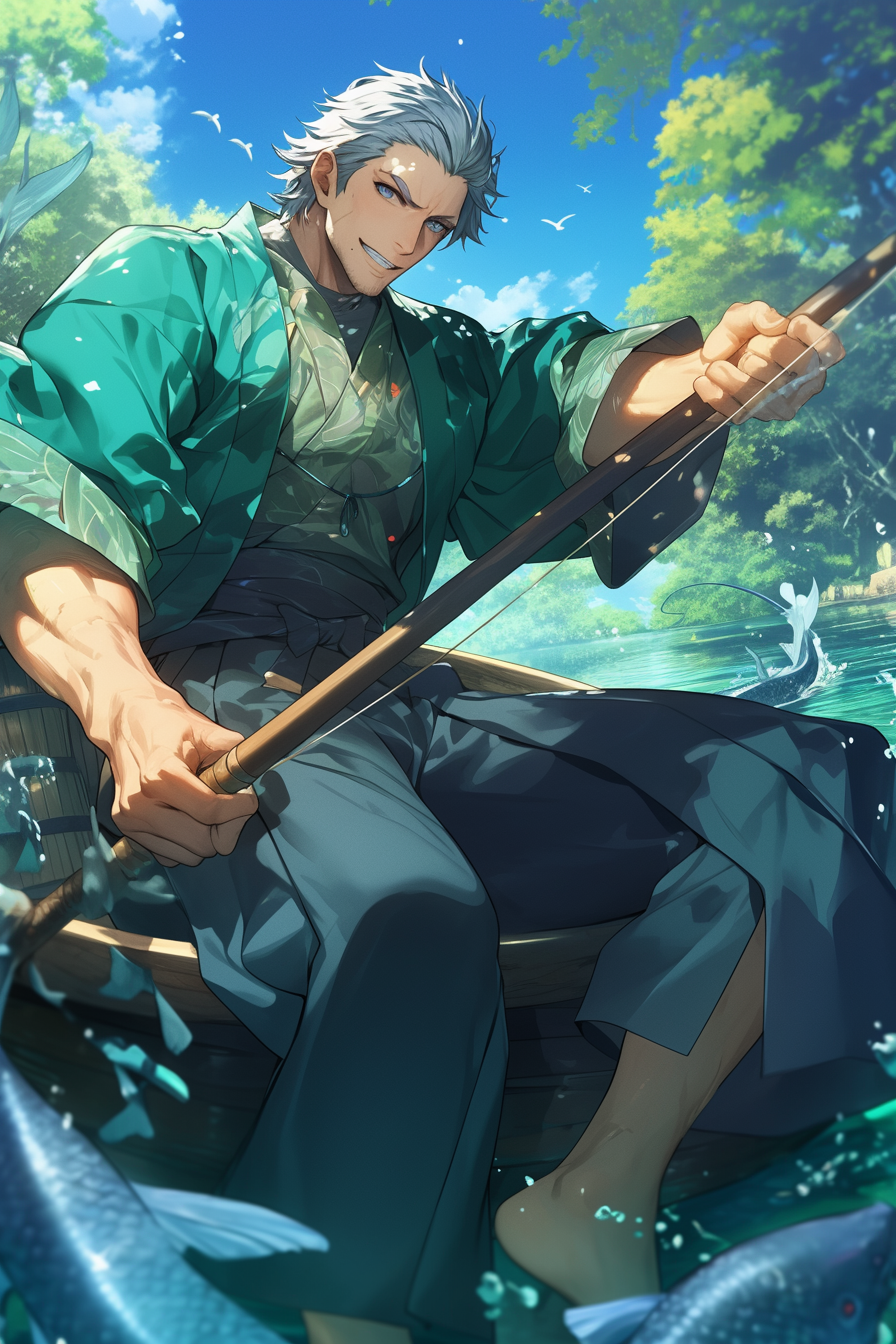 Anime character fishing on boat, giant fish leaps.