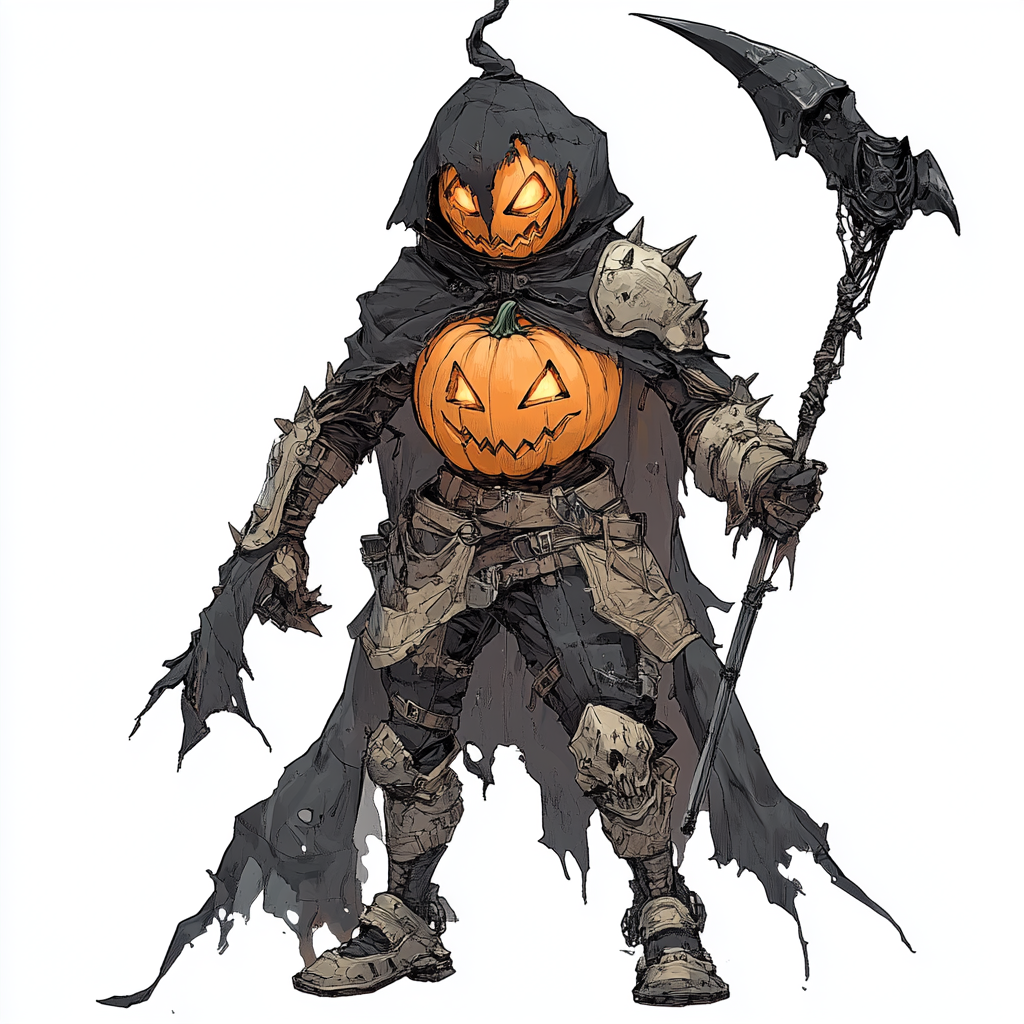 Anime character wearing Monster Hunter armor with pumpkin helmet.