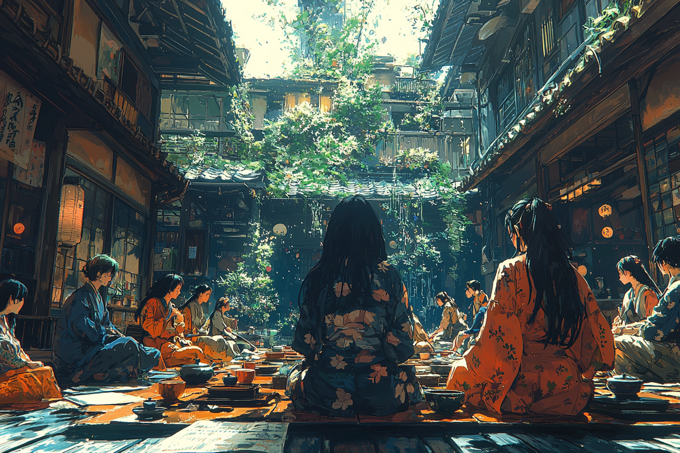 Anime characters in teahouse with vivid colors and details.