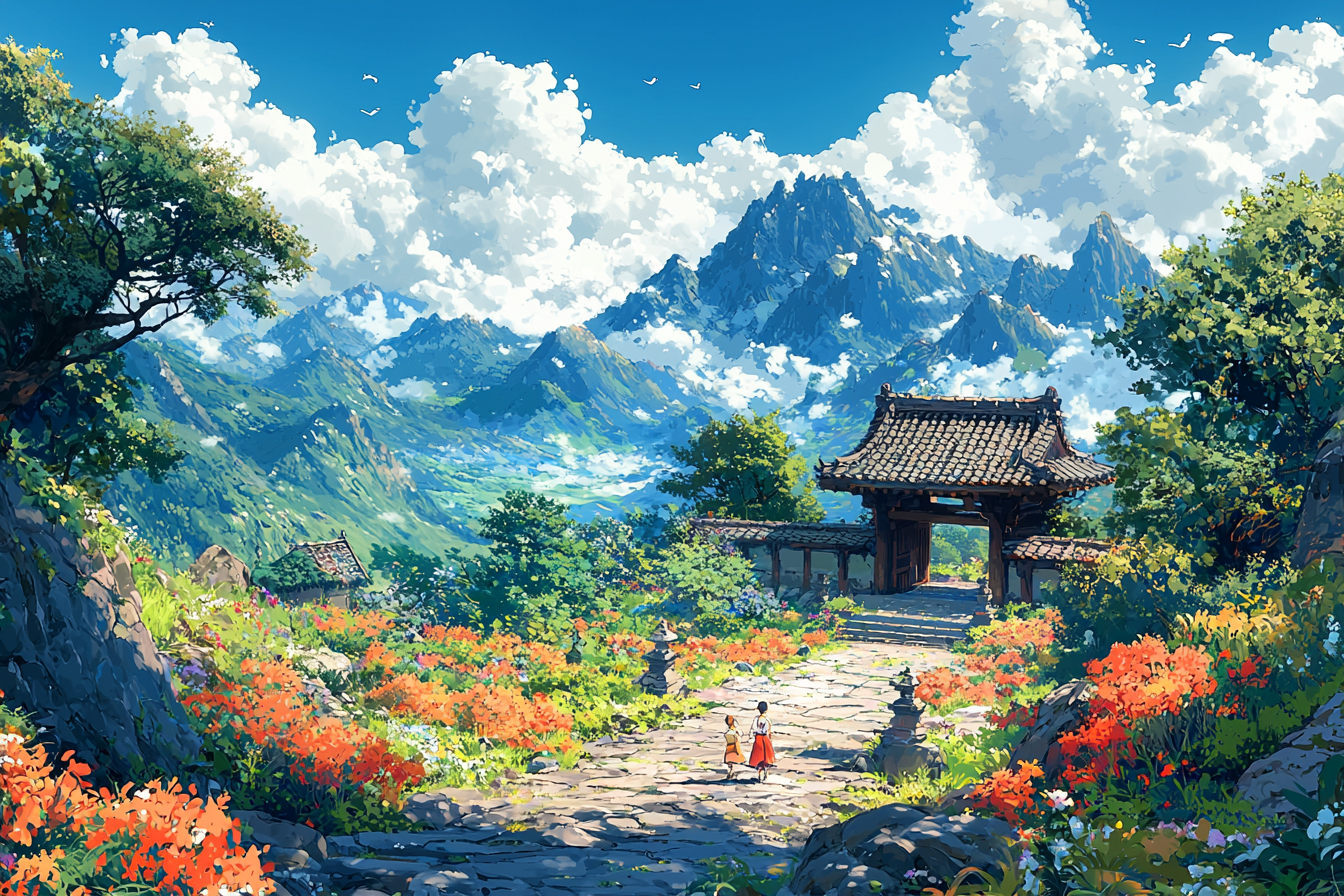 Anime community center with vibrant, fantastical landscapes and creatures.