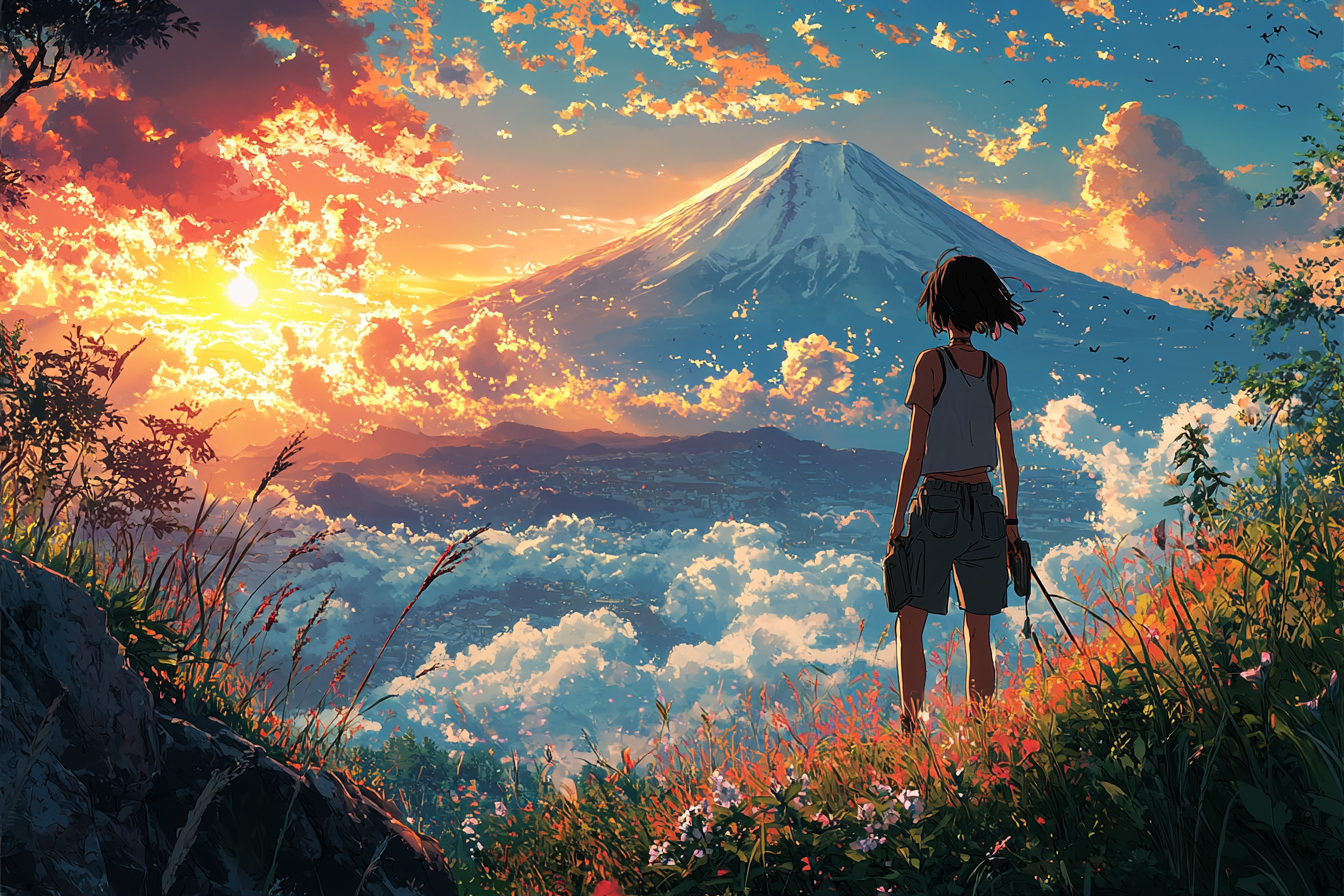 Anime featuring girl hiking Mt. Fuji at sunrise.