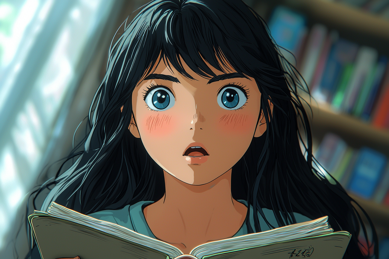 Anime featuring teenage girl in school hallway with books.