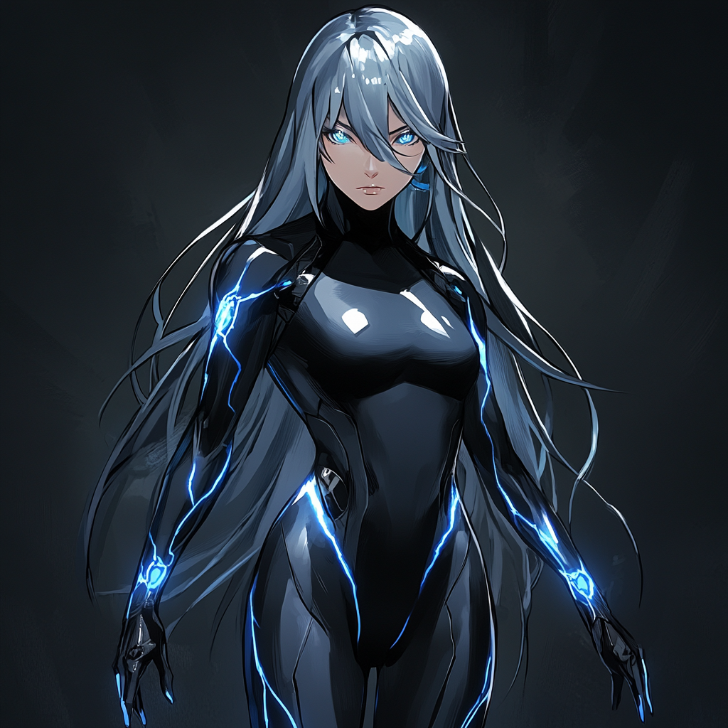 Anime girl Ryoko, tall, athletic with striking silver hair.