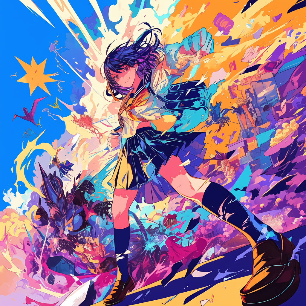 Anime girl fights villains in colorful chaos, high resolution.