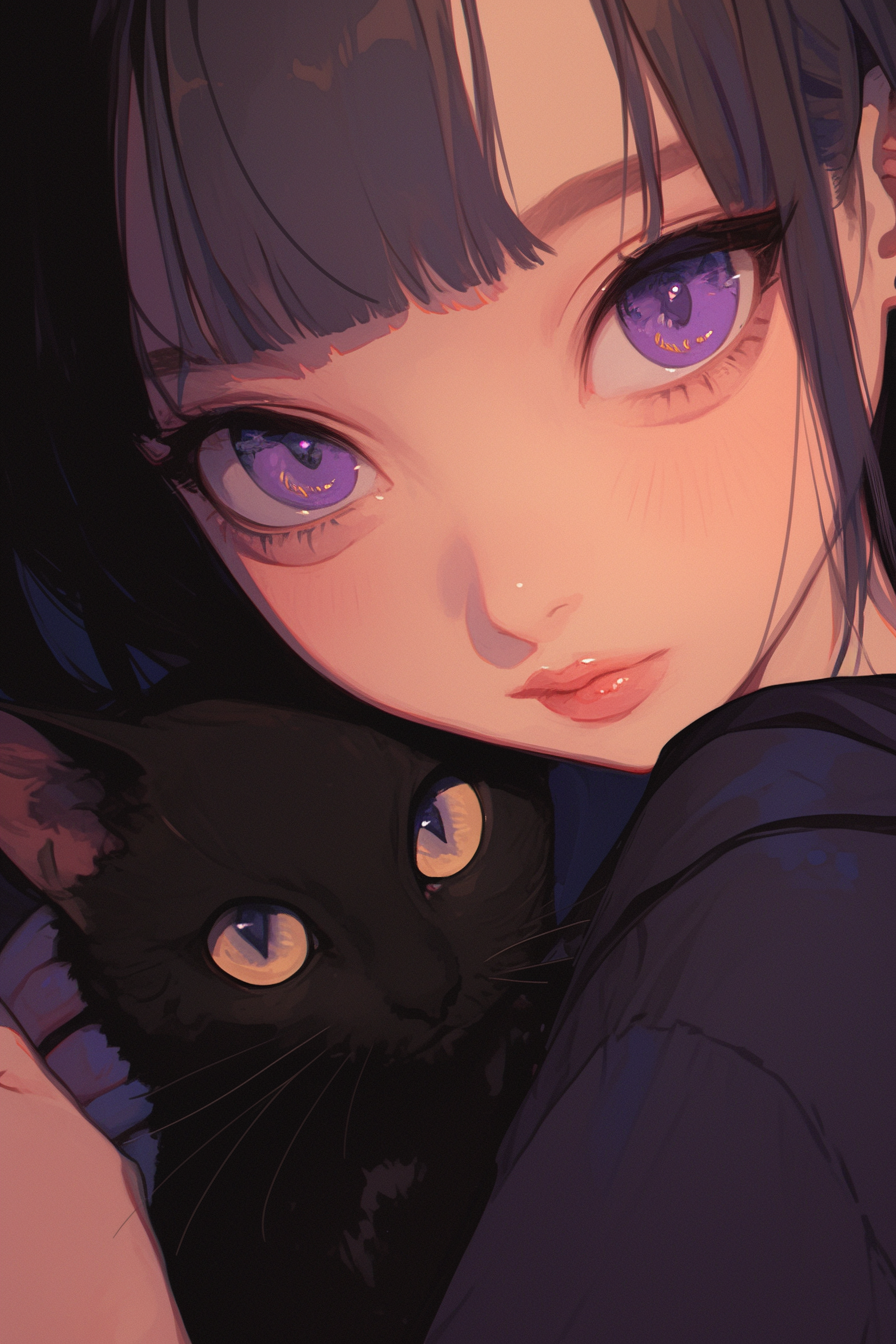 Anime girl holds cat in Y2K aesthetic style.