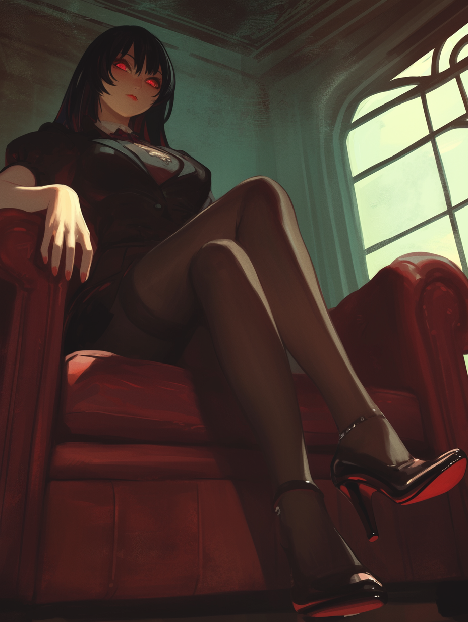 Anime girl in high heels sitting on sofa