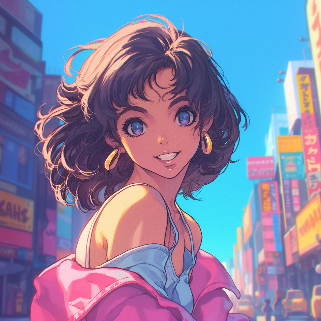 Anime girl in retro cityscape, joyful expression.