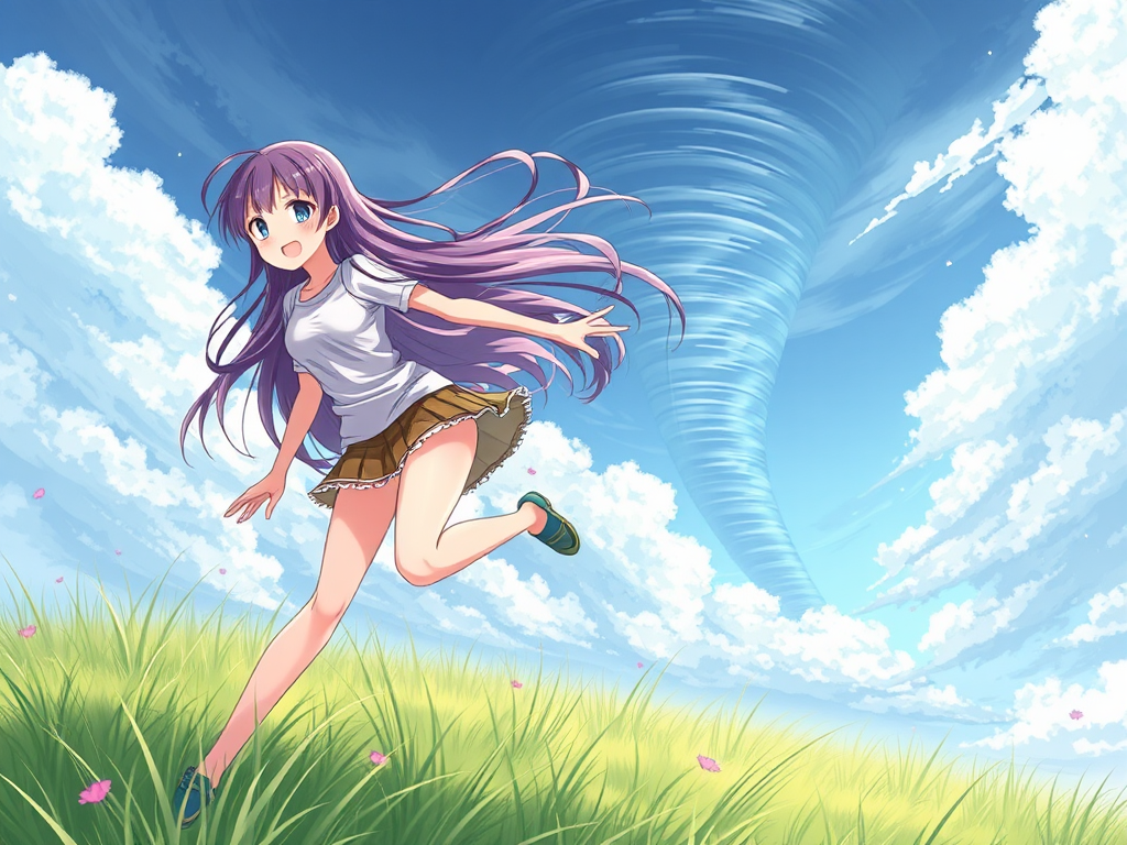 Anime girl in windy tornado with short skirt.