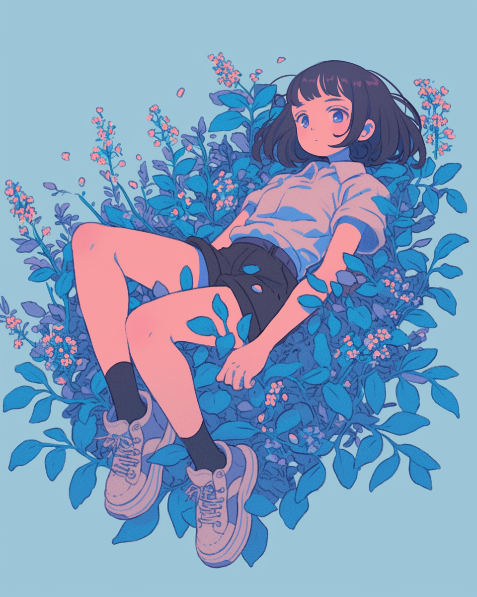 Anime girl lying on blue flower, kawaii style illustration.