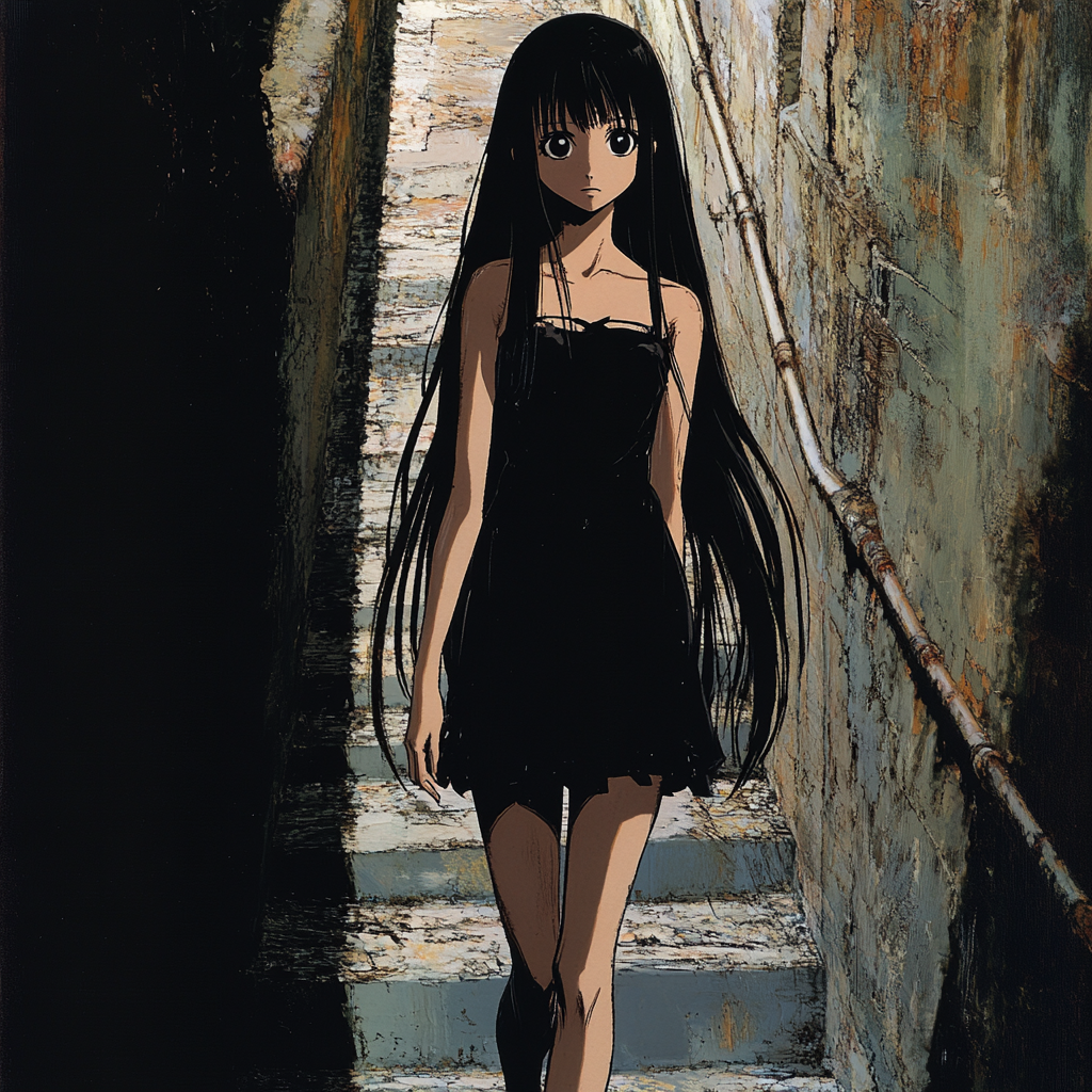 Anime girl model on catwalk with long black hair