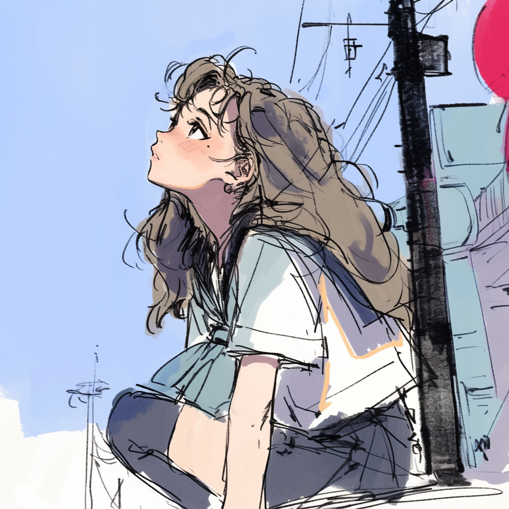 Anime girl sitting in bustling city, longing expression