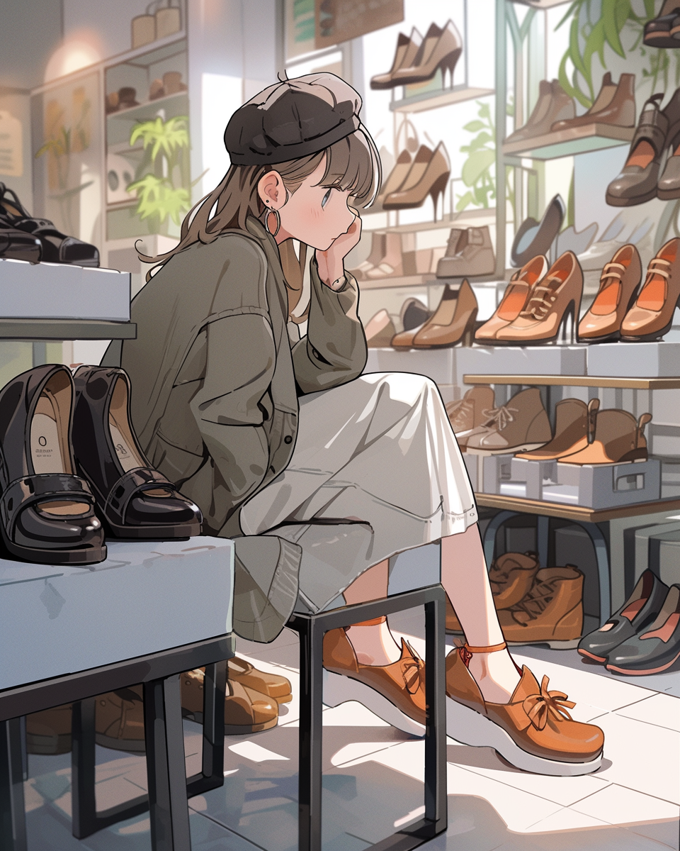 Anime girl trying on shoes in cozy shoe shop.