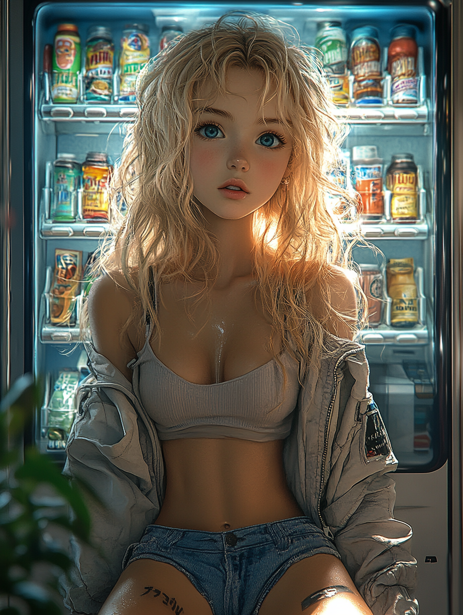 Anime girl with blonde hair sitting at vending machine.