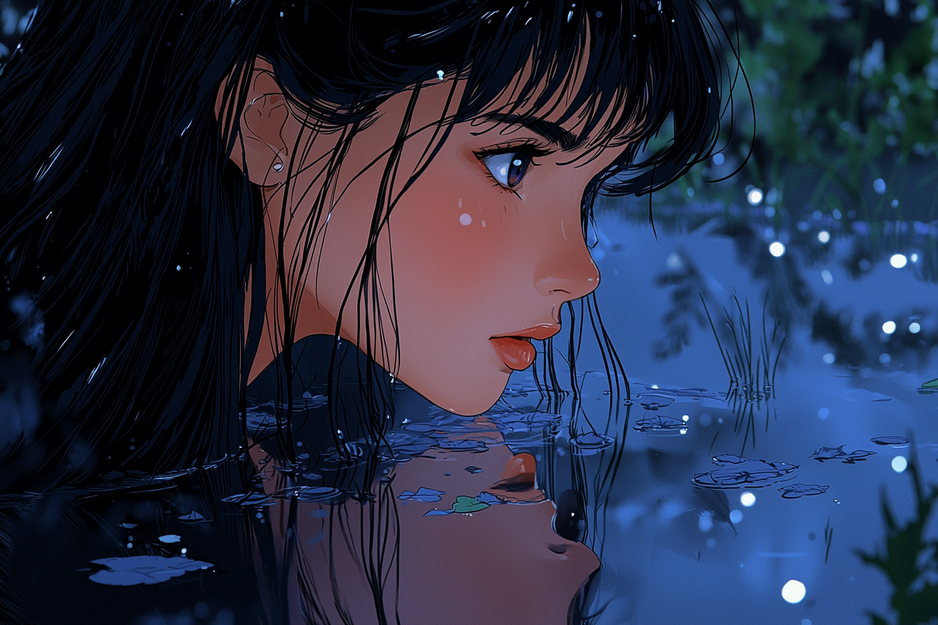 Anime girl with long black hair looking at reflection.